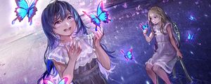 Preview wallpaper girl, smile, happy, butterflies, anime, art