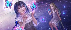 Preview wallpaper girl, smile, happy, butterflies, anime, art