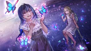 Preview wallpaper girl, smile, happy, butterflies, anime, art