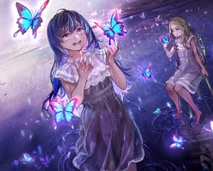 Preview wallpaper girl, smile, happy, butterflies, anime, art