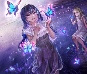 Preview wallpaper girl, smile, happy, butterflies, anime, art