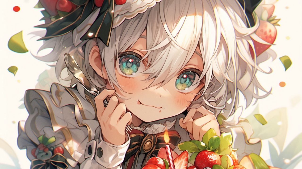 Wallpaper girl, smile, hat, cake, strawberry, art, anime