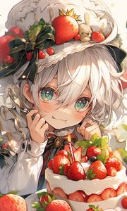 Preview wallpaper girl, smile, hat, cake, strawberry, art, anime