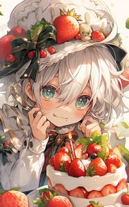 Preview wallpaper girl, smile, hat, cake, strawberry, art, anime