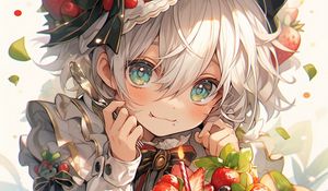 Preview wallpaper girl, smile, hat, cake, strawberry, art, anime