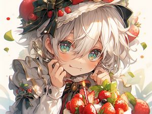 Preview wallpaper girl, smile, hat, cake, strawberry, art, anime