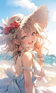 Preview wallpaper girl, smile, hat, jewelry, dress, summer