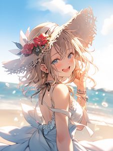 Preview wallpaper girl, smile, hat, jewelry, dress, summer