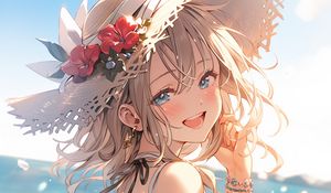 Preview wallpaper girl, smile, hat, jewelry, dress, summer