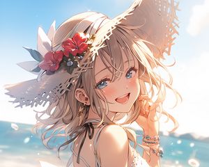 Preview wallpaper girl, smile, hat, jewelry, dress, summer