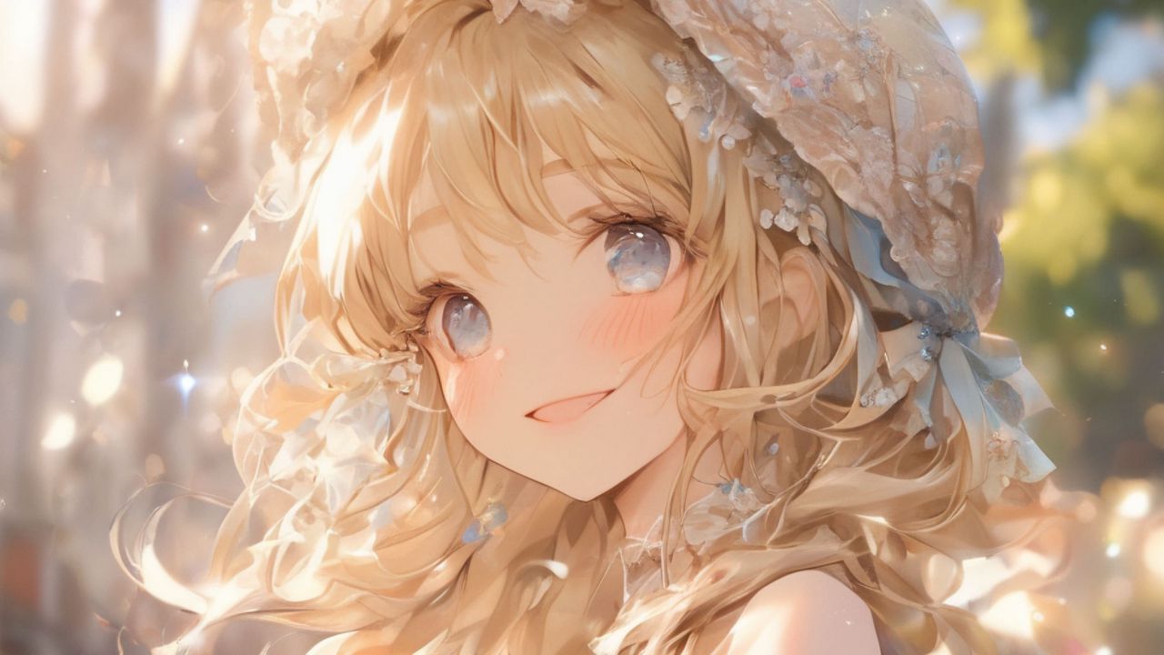 Wallpaper girl, smile, hat, dress, flowers, anime