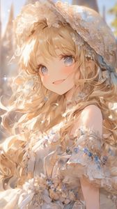 Preview wallpaper girl, smile, hat, dress, flowers, anime