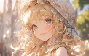 Preview wallpaper girl, smile, hat, dress, flowers, anime