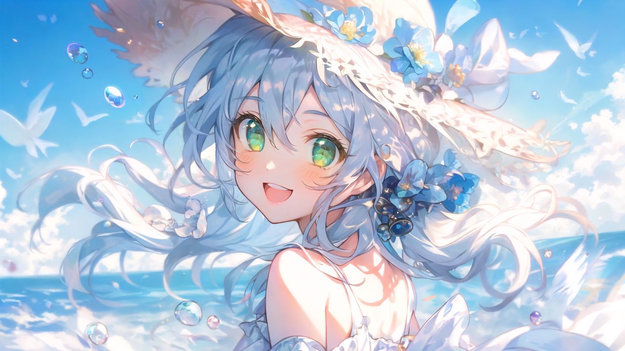 Wallpaper girl, smile, hat, sea, summer, anime