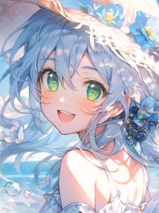 Preview wallpaper girl, smile, hat, sea, summer, anime
