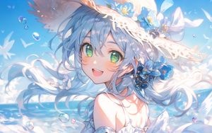 Preview wallpaper girl, smile, hat, sea, summer, anime