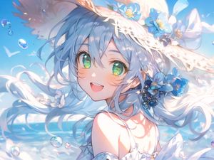 Preview wallpaper girl, smile, hat, sea, summer, anime