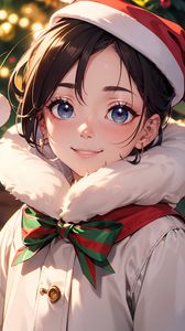 Preview wallpaper girl, smile, hat, anime, art, santa claus