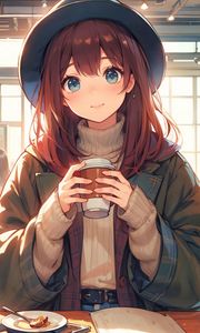 Preview wallpaper girl, smile, hat, coffee, anime, art