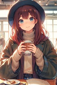 Preview wallpaper girl, smile, hat, coffee, anime, art