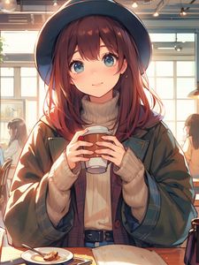 Preview wallpaper girl, smile, hat, coffee, anime, art