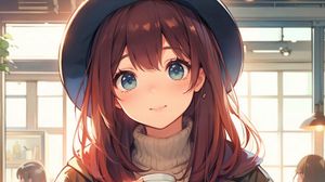 Preview wallpaper girl, smile, hat, coffee, anime, art