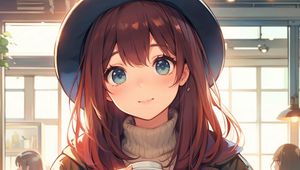 Preview wallpaper girl, smile, hat, coffee, anime, art