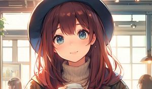 Preview wallpaper girl, smile, hat, coffee, anime, art