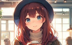 Preview wallpaper girl, smile, hat, coffee, anime, art