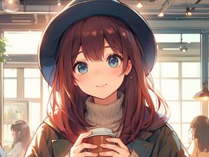 Preview wallpaper girl, smile, hat, coffee, anime, art