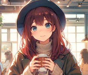 Preview wallpaper girl, smile, hat, coffee, anime, art