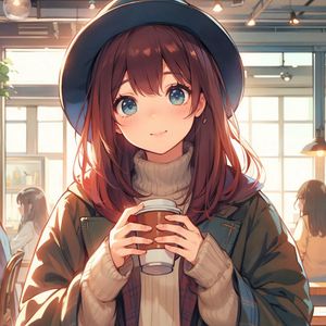 Preview wallpaper girl, smile, hat, coffee, anime, art