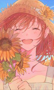 Preview wallpaper girl, smile, hat, sunflowers, anime