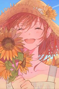 Preview wallpaper girl, smile, hat, sunflowers, anime
