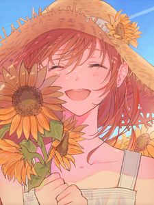 Preview wallpaper girl, smile, hat, sunflowers, anime