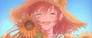 Preview wallpaper girl, smile, hat, sunflowers, anime