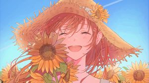 Preview wallpaper girl, smile, hat, sunflowers, anime