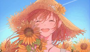 Preview wallpaper girl, smile, hat, sunflowers, anime