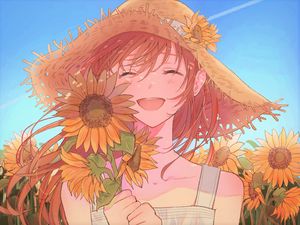 Preview wallpaper girl, smile, hat, sunflowers, anime