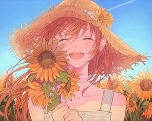 Preview wallpaper girl, smile, hat, sunflowers, anime