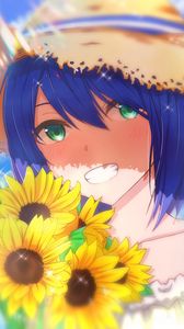 Preview wallpaper girl, smile, hat, sunflowers, flowers, anime