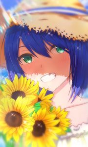 Preview wallpaper girl, smile, hat, sunflowers, flowers, anime