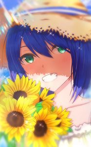 Preview wallpaper girl, smile, hat, sunflowers, flowers, anime