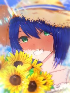 Preview wallpaper girl, smile, hat, sunflowers, flowers, anime