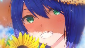 Preview wallpaper girl, smile, hat, sunflowers, flowers, anime