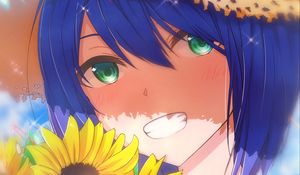 Preview wallpaper girl, smile, hat, sunflowers, flowers, anime