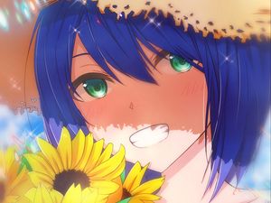 Preview wallpaper girl, smile, hat, sunflowers, flowers, anime