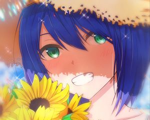 Preview wallpaper girl, smile, hat, sunflowers, flowers, anime