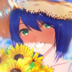 Preview wallpaper girl, smile, hat, sunflowers, flowers, anime