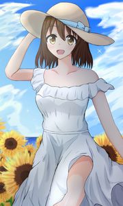 Preview wallpaper girl, smile, hat, sunflowers, field, anime